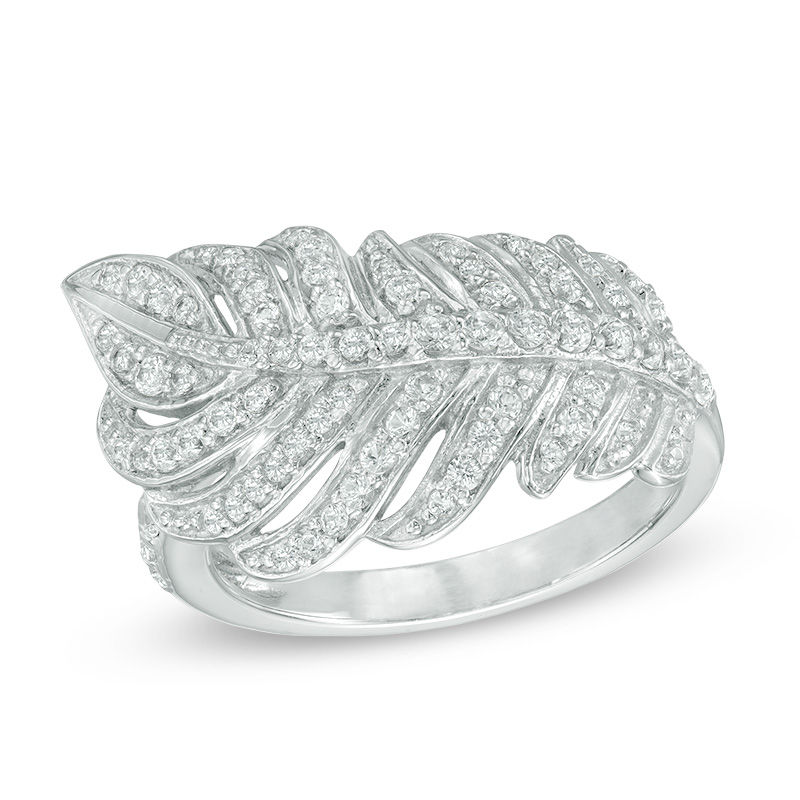 Lab-Created White Sapphire Sideways Feather Ring in Sterling Silver