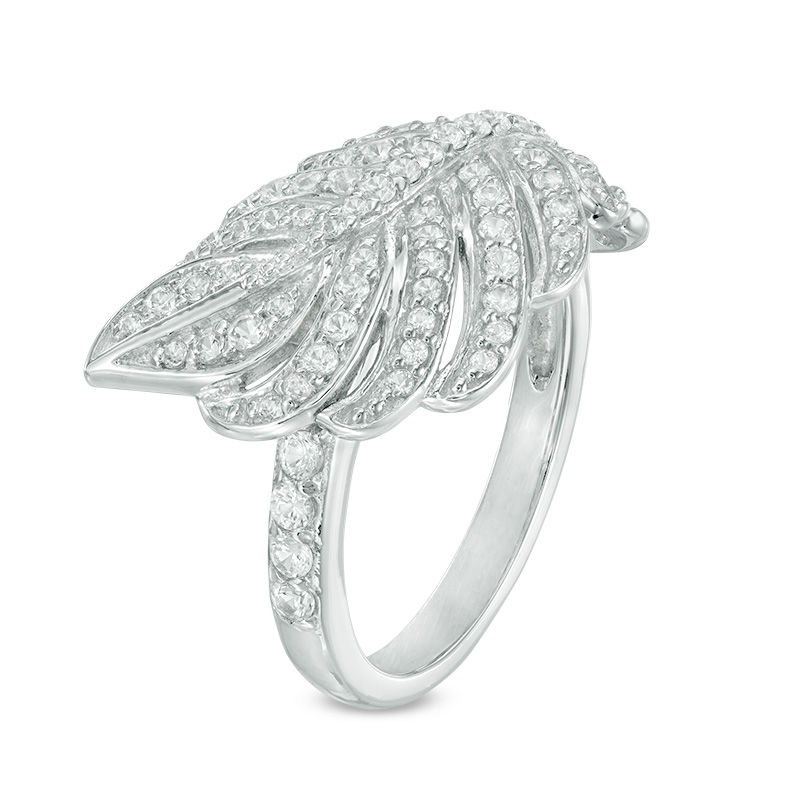 Lab-Created White Sapphire Sideways Feather Ring in Sterling Silver