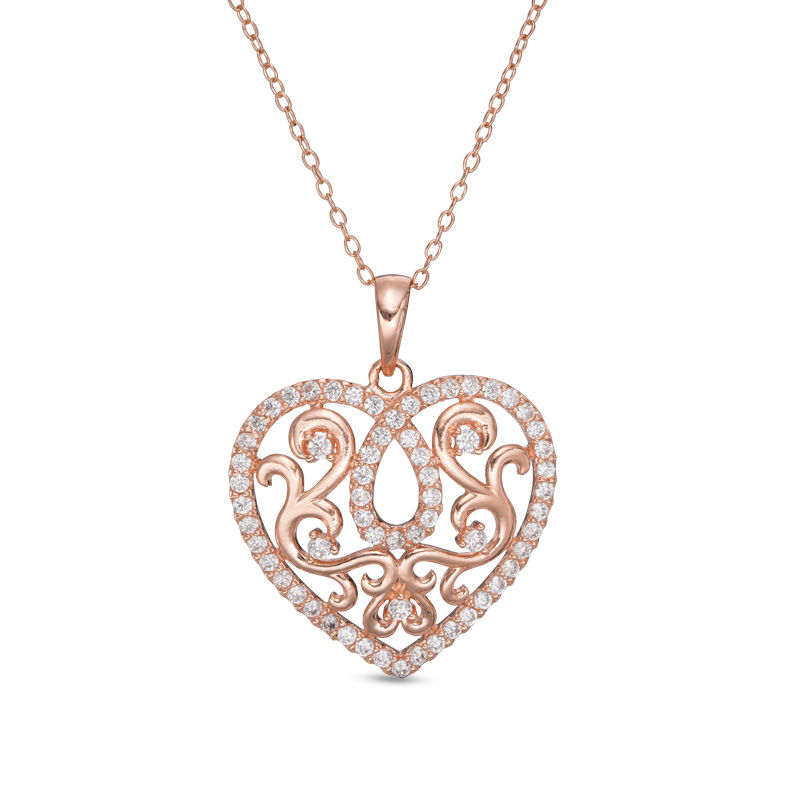 Lab-Created White Sapphire Scroll Heart Pendant in Sterling Silver with 18K Rose Gold Plate