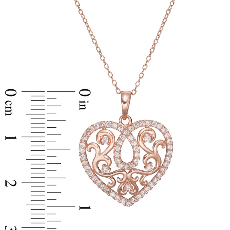 Lab-Created White Sapphire Scroll Heart Pendant in Sterling Silver with 18K Rose Gold Plate