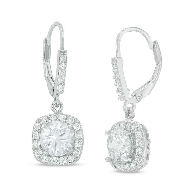 6.5mm Lab-Created White Sapphire Cushion Frame Drop Earrings in Sterling Silver