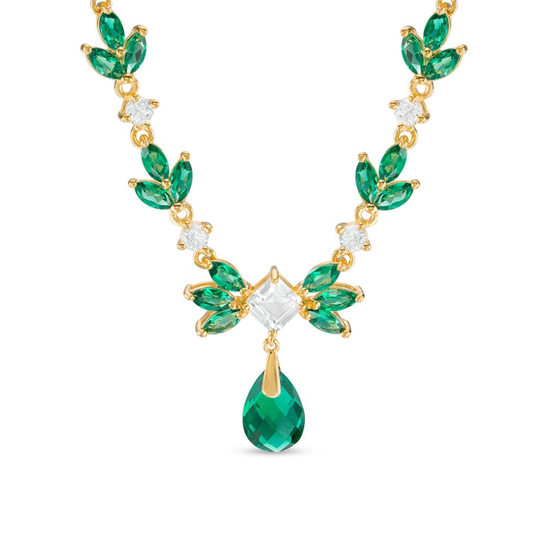 Lab-Created Green Quartz and White Sapphire Floral Necklace in Sterling Silver with 18K Gold Plate - 17"