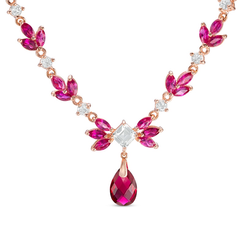 Lab-Created Ruby and White Sapphire Floral Necklace in Sterling Silver with 18K Rose Gold Plate - 17"