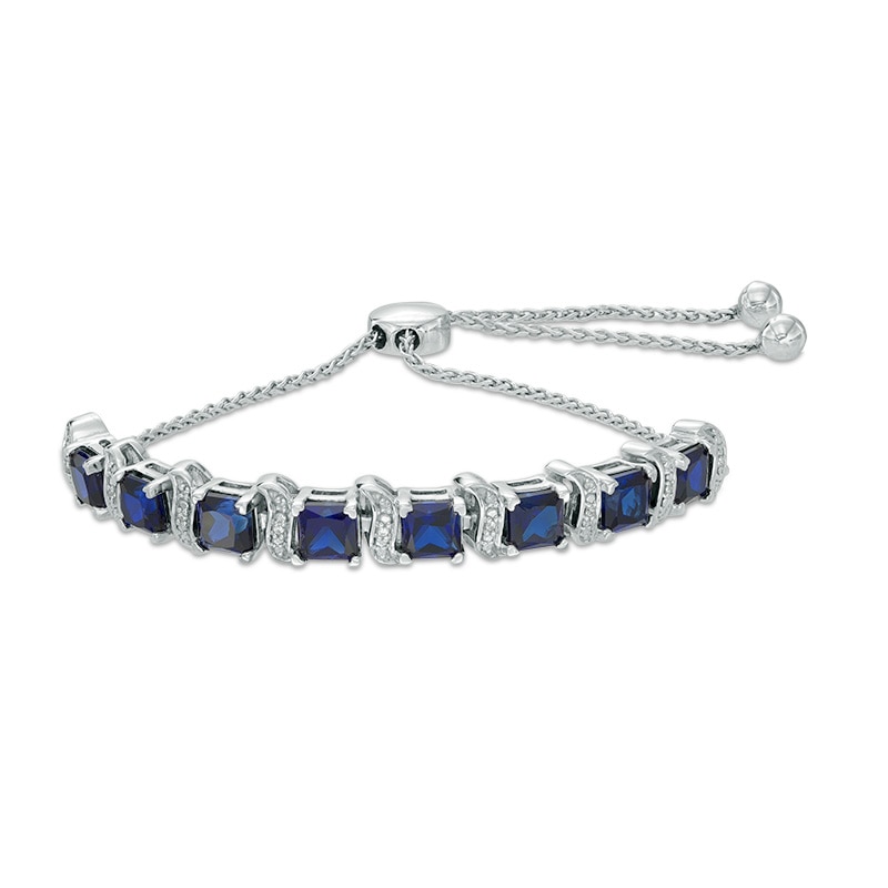 5.0mm Lab-Created Blue Sapphire and Diamond Accent Bar Bolo Bracelet in Sterling Silver - 9.5"