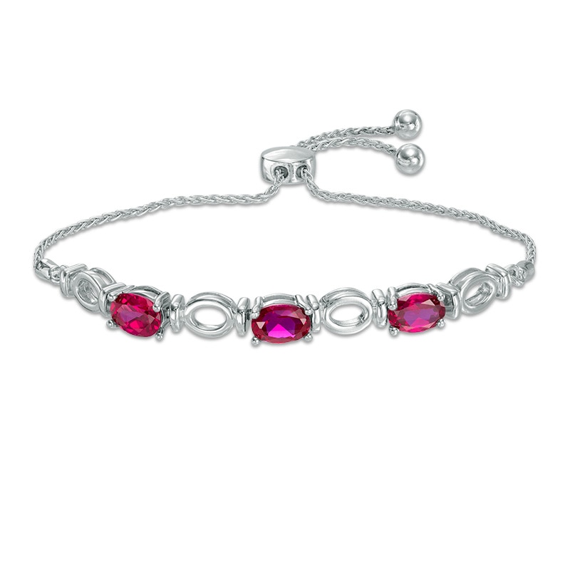 Oval Lab-Created Ruby Three Stone Bolo Bracelet in Sterling Silver - 9.5"|Peoples Jewellers