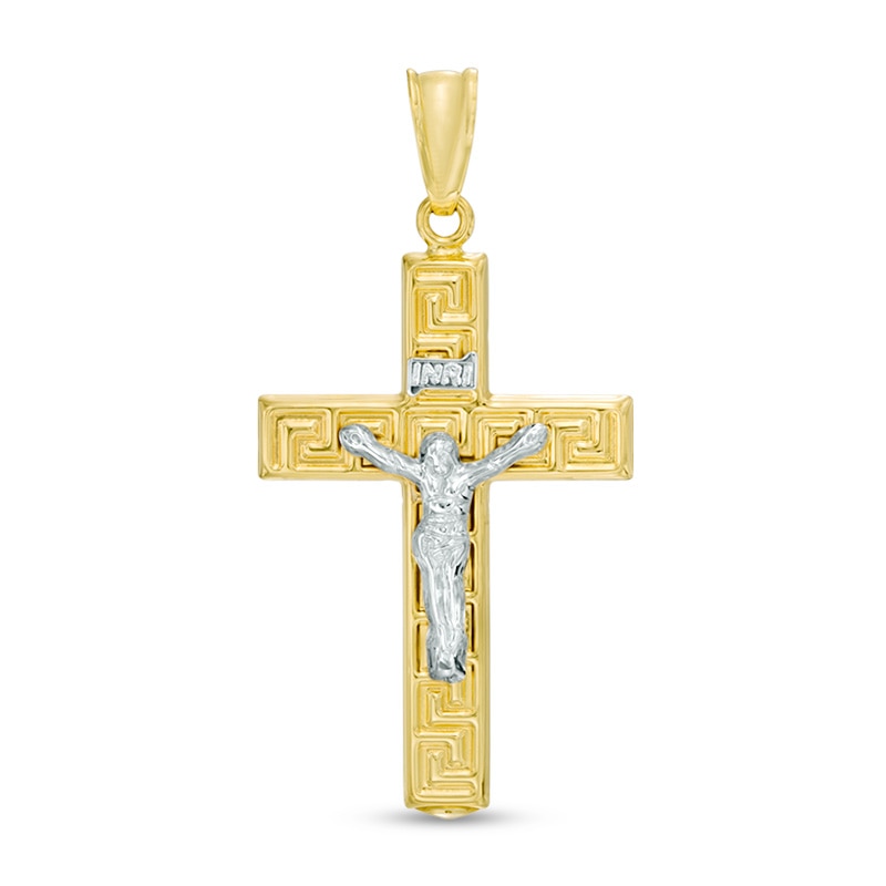 Greek Key Crucifix Necklace Charm in Hollow 10K Two-Tone Gold