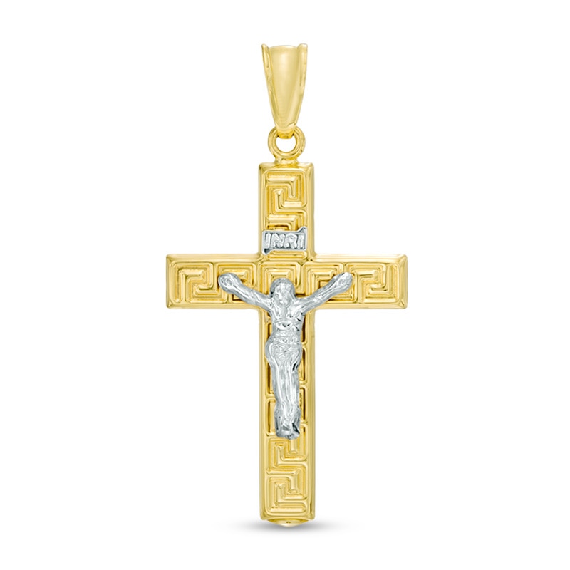 Greek Key Crucifix Necklace Charm in Hollow 10K Two-Tone Gold|Peoples Jewellers