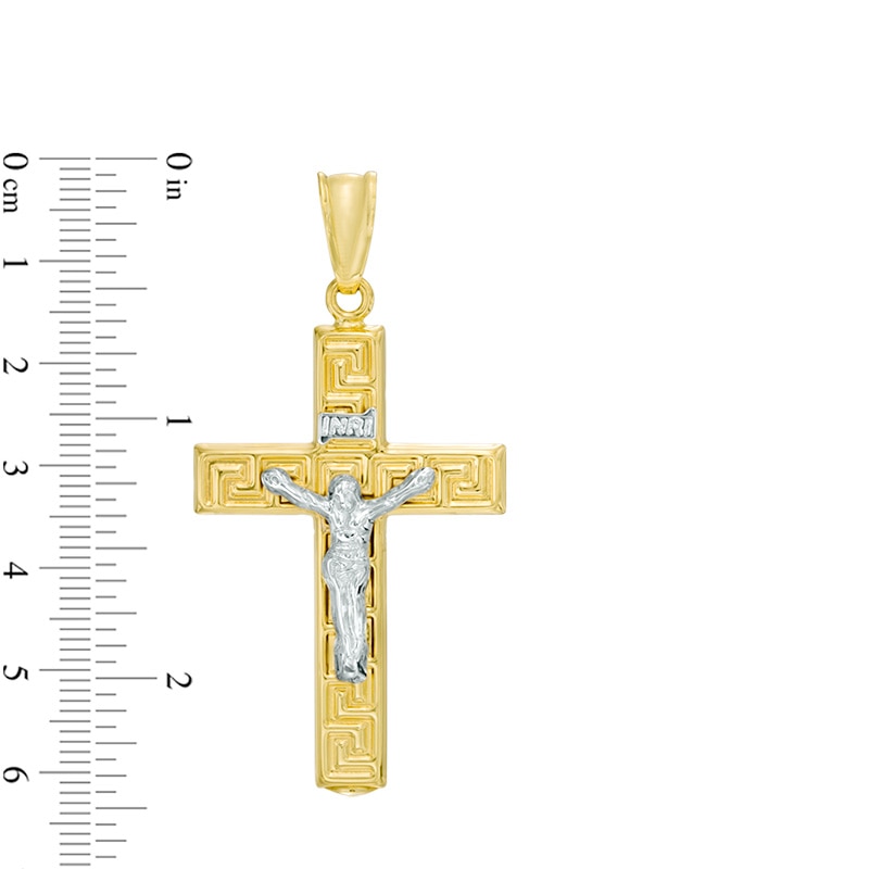 Main Image 2 of Greek Key Crucifix Necklace Charm in Hollow 10K Two-Tone Gold