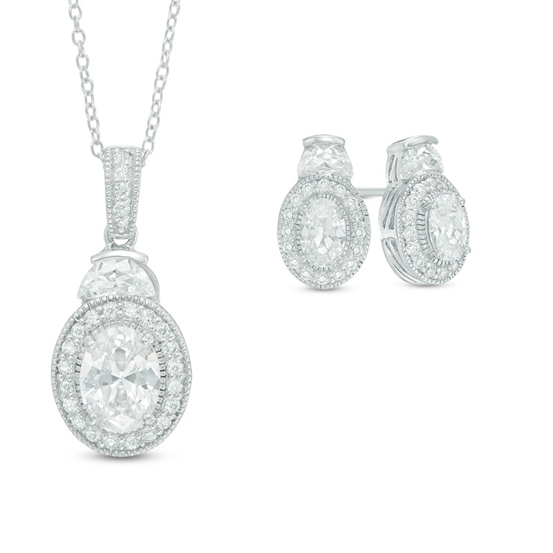 Oval Lab-Created White Sapphire Vintage-Style Frame Pendant and Earrings Set in Sterling Silver|Peoples Jewellers