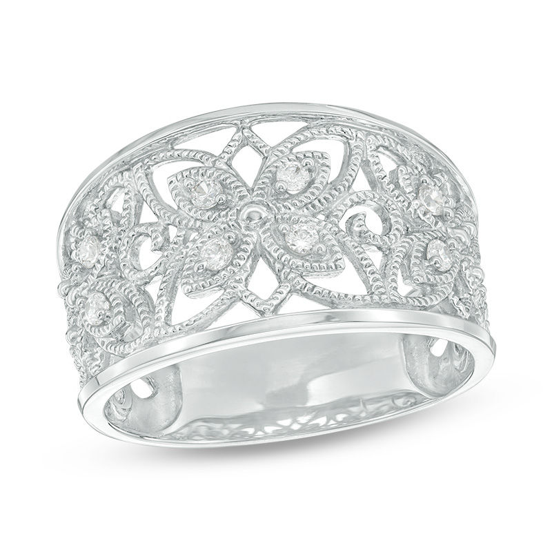 Main Image 1 of 0.15 CT. T.W. Diamond Vintage Style Flower Ring in Sterling Silver