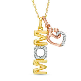 0.10 CT. T.W. Diamond Vertical &quot;MOM&quot; and Motherly Love Heart Pendant in 10K Tri-Tone Gold