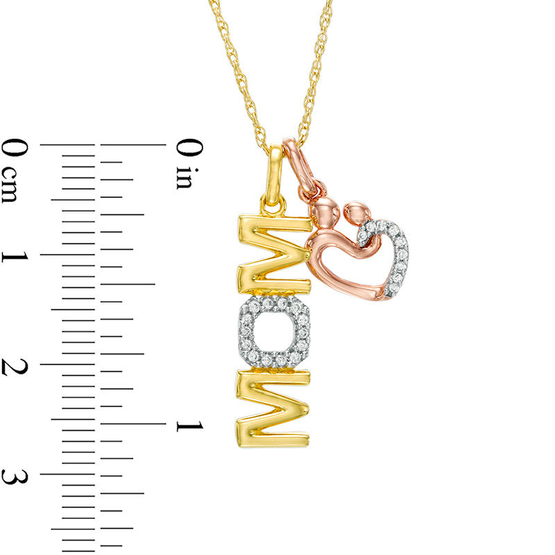 0.10 CT. T.W. Diamond Vertical "MOM" and Motherly Love Heart Pendant in 10K Tri-Tone Gold