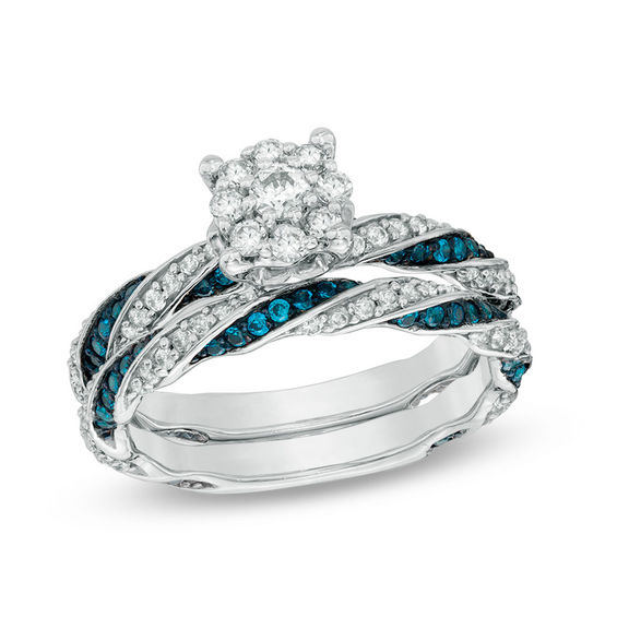 0.95 CT. T.W. Enhanced Blue and White Diamond Ribbon Bridal Set in 10K White Gold  View All 