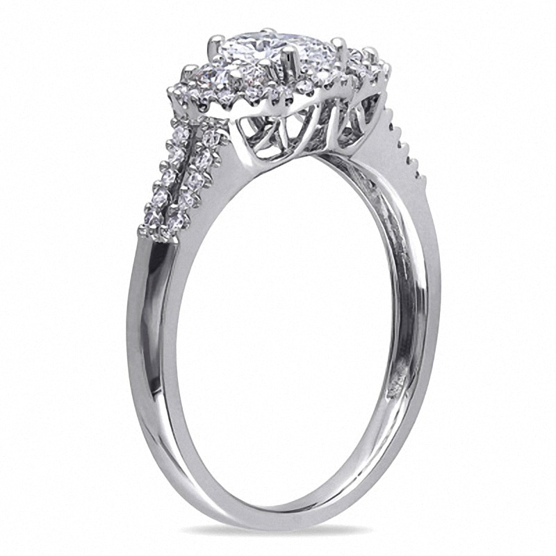 Main Image 2 of 0.99 CT. T.W. Oval Diamond Frame Three Stone Double Row Engagement Ring in 14K White Gold