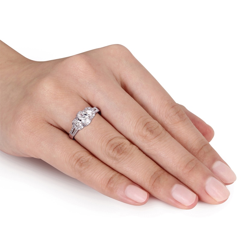 Main Image 3 of 0.99 CT. T.W. Oval Diamond Frame Three Stone Double Row Engagement Ring in 14K White Gold