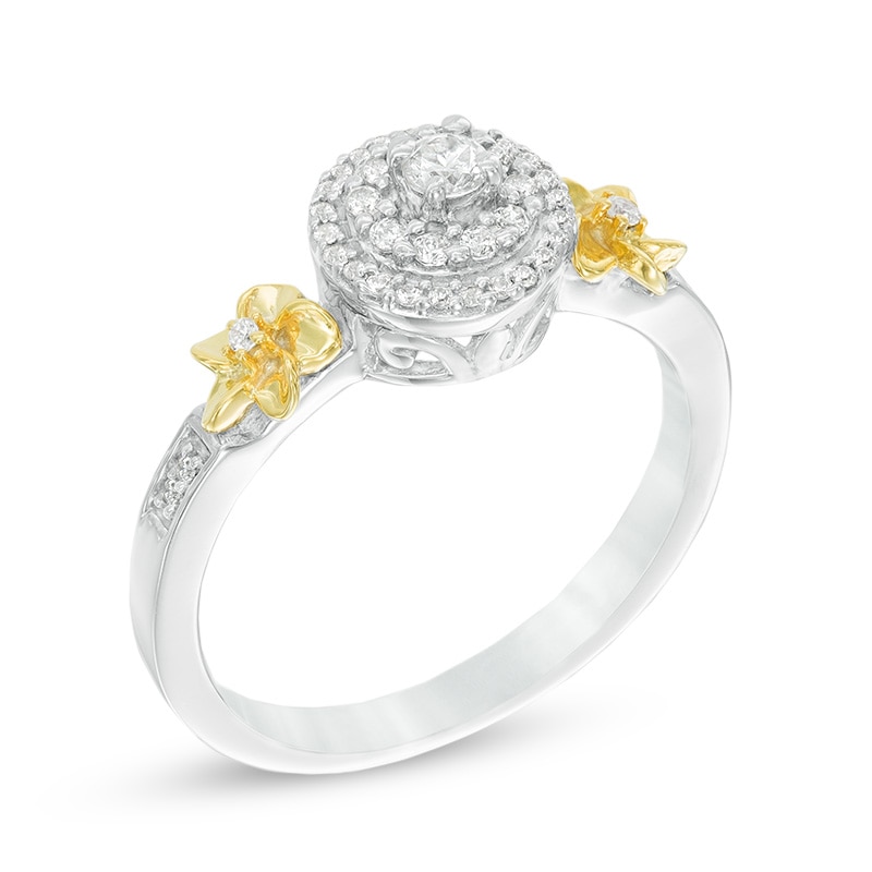 0.23 CT. T.W. Diamond Frame Flower Engagement Ring in Sterling Silver and 10K Gold