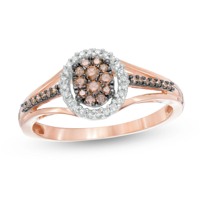 0.25 CT. T.W. Composite Champagne and White Diamond Oval Frame Ring in 10K Rose Gold