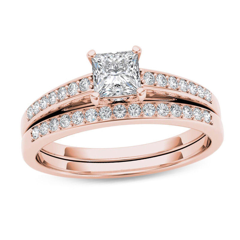 0.62 CT. T.W. Princess-Cut Diamond Bridal Set in 14K Rose Gold