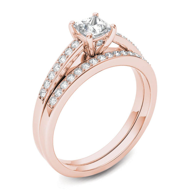 0.62 CT. T.W. Princess-Cut Diamond Bridal Set in 14K Rose Gold