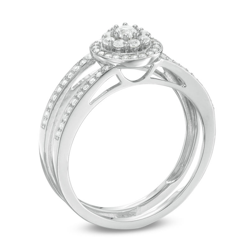 Lab-Created White Sapphire, Emerald, Ruby and Blue Sapphire Four Piece Bridal Set Sterling Silver