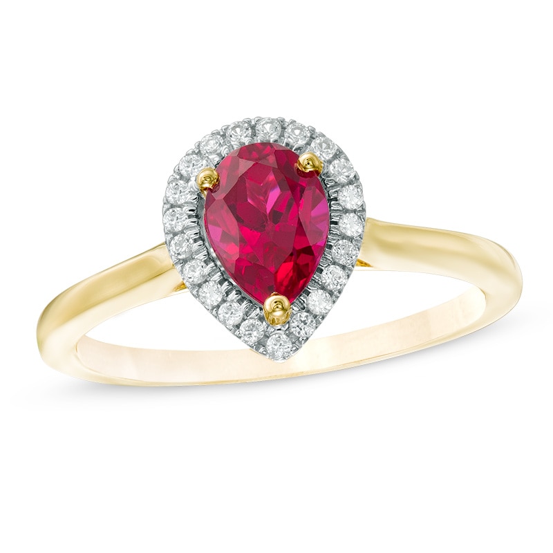 Pear-Shaped Lab-Created Ruby and White Sapphire Frame Ring in 10K Gold|Peoples Jewellers