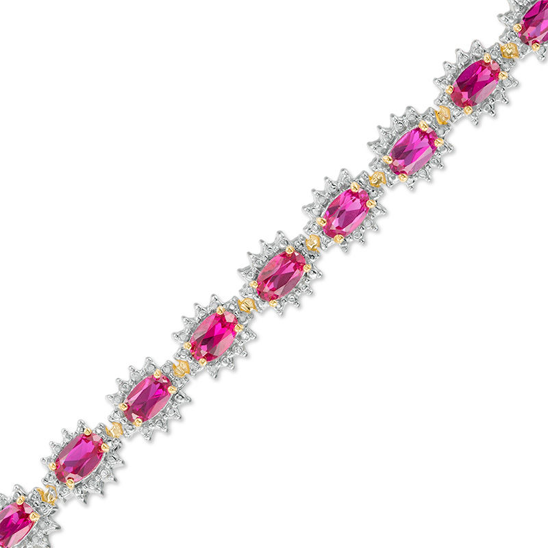 Main Image 1 of Oval Lab-Created Ruby and Diamond Accent Sunburst Frame Bracelet in Sterling Silver with 18K Gold Plate - 7.5"