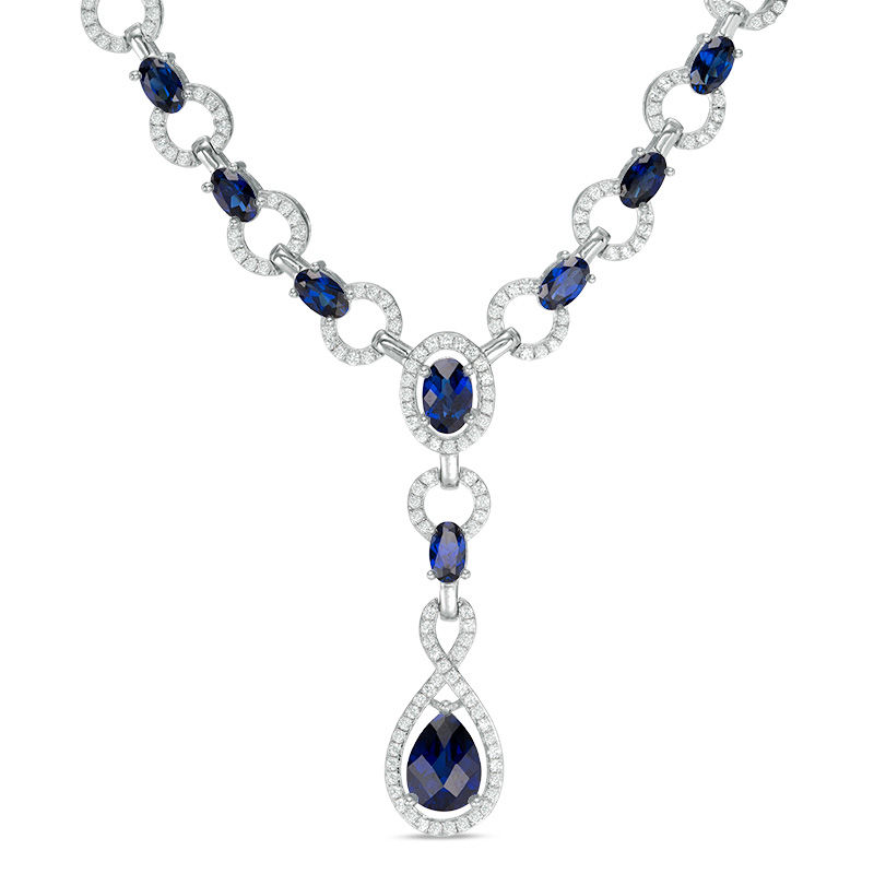 Main Image 1 of Pear-Shaped Lab-Created Blue and White Sapphire "Y" Link Necklace in Sterling Silver - 17"