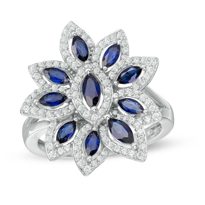 Lab-Created Blue and White Sapphire Flower Ring in Sterling Silver
