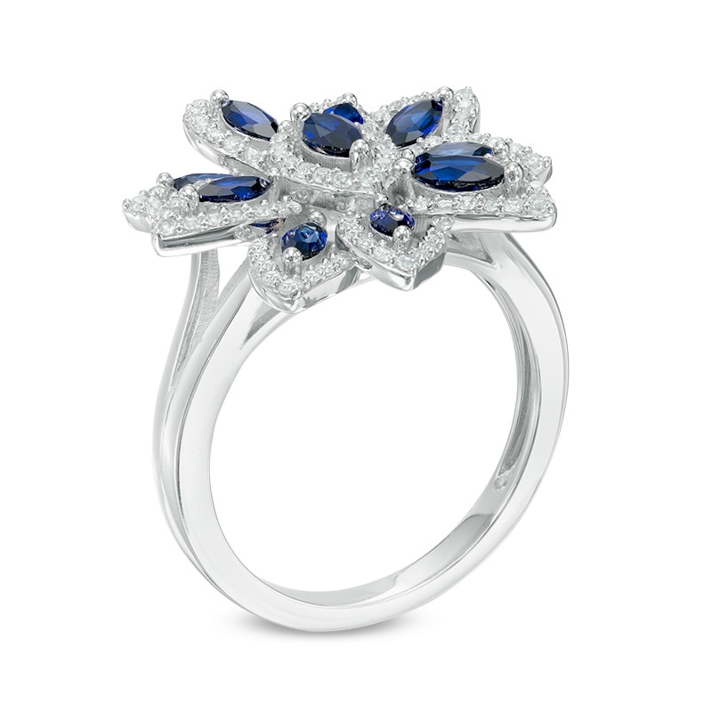 Lab-Created Blue and White Sapphire Flower Ring in Sterling Silver