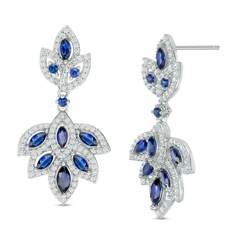 Lab-Created Blue and White Sapphire Floral Drop Earrings in Sterling Silver