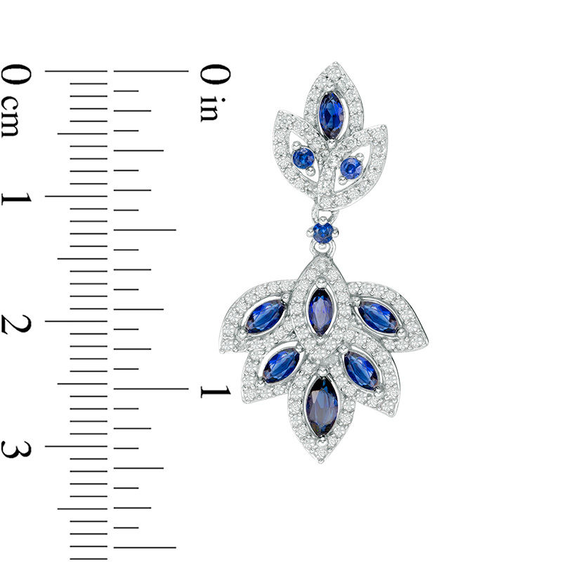 Lab-Created Blue and White Sapphire Floral Drop Earrings in Sterling Silver