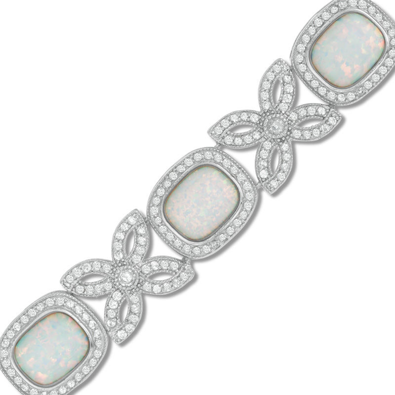 Cushion-Cut Lab-Created Opal and White Sapphire Vintage-Style "XO" Bracelet in Sterling Silver