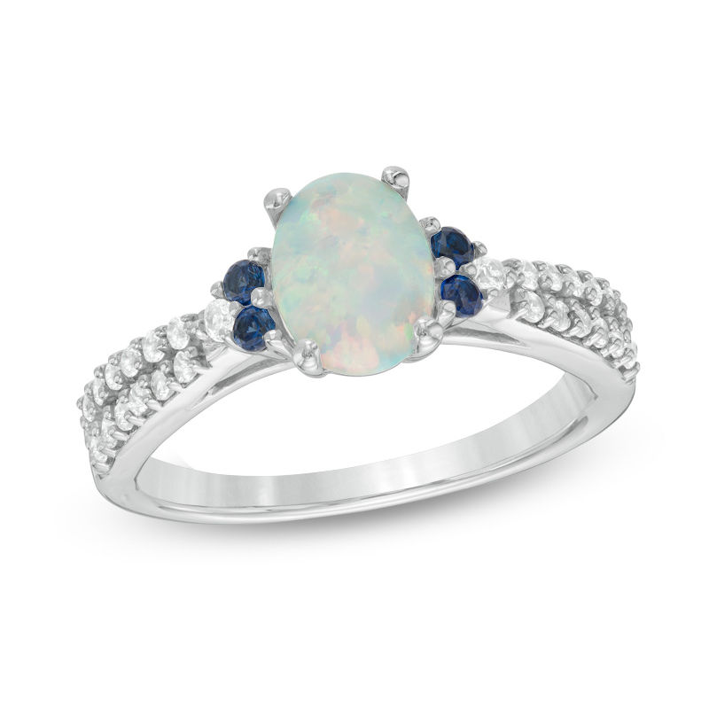 Oval Lab-Created Opal, Blue and White Sapphire Tri-Sides Ring in Sterling Silver