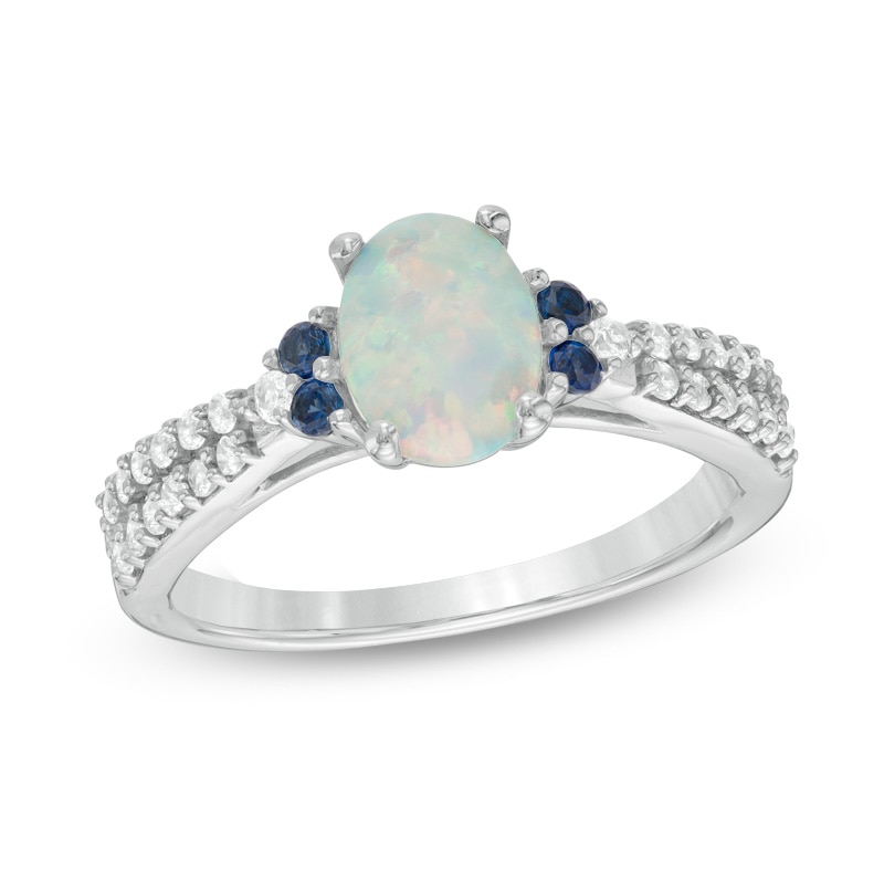 Oval Lab-Created Opal, Blue and White Sapphire Tri-Sides Ring in Sterling Silver