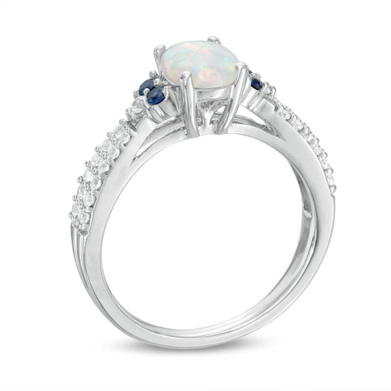 Oval Lab-Created Opal, Blue and White Sapphire Tri-Sides Ring Sterling Silver