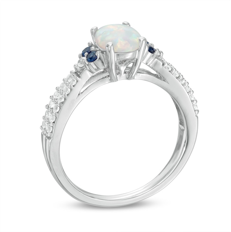Oval Lab-Created Opal, Blue and White Sapphire Tri-Sides Ring in Sterling Silver