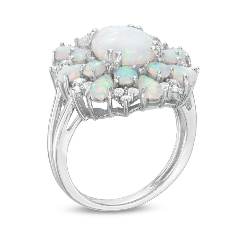 Oval Lab-Created Opal and White Sapphire Flower Ring in Sterling Silver