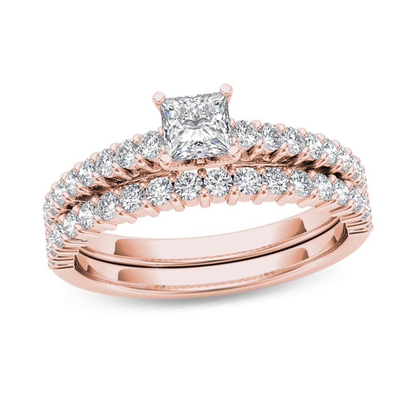 1.00 CT. T.W. Princess-Cut Diamond Bridal Set in 14K Rose Gold|Peoples Jewellers