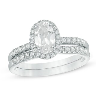 Oval Lab-Created White Sapphire Frame Bridal Set in Sterling Silver