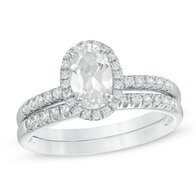 Oval Lab-Created White Sapphire Frame Bridal Set in Sterling Silver