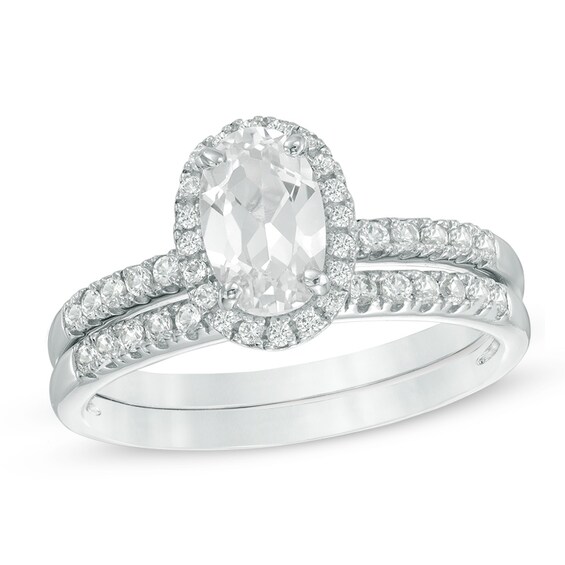 Oval Lab-Created White Sapphire Frame Bridal Set in Sterling Silver