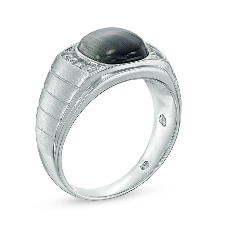 Main Image 2 of 10.0mm Cushion-Cut Grey Cat's Eye and 0.15 CT. T.W. Diamond Ring in Sterling Silver