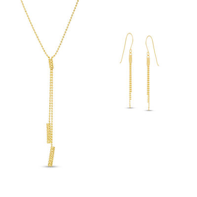 Beaded Lariat Necklace and Drop Earrings Set in 10K Gold