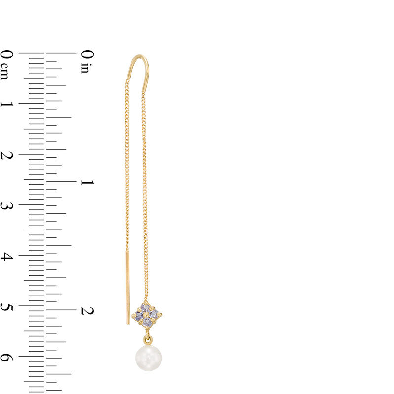 Main Image 2 of 5.0mm Freshwater Cultured Pearl and Lab-Created White Sapphire Quad Threader Drop Earrings in 10K White Gold