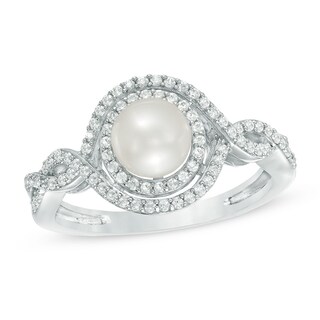 6.0mm Freshwater Cultured Pearl and Lab-Created White Sapphire Double Frame Ring in Sterling Silver