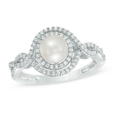6.0mm Freshwater Cultured Pearl and Lab-Created White Sapphire Double Frame Ring in Sterling Silver