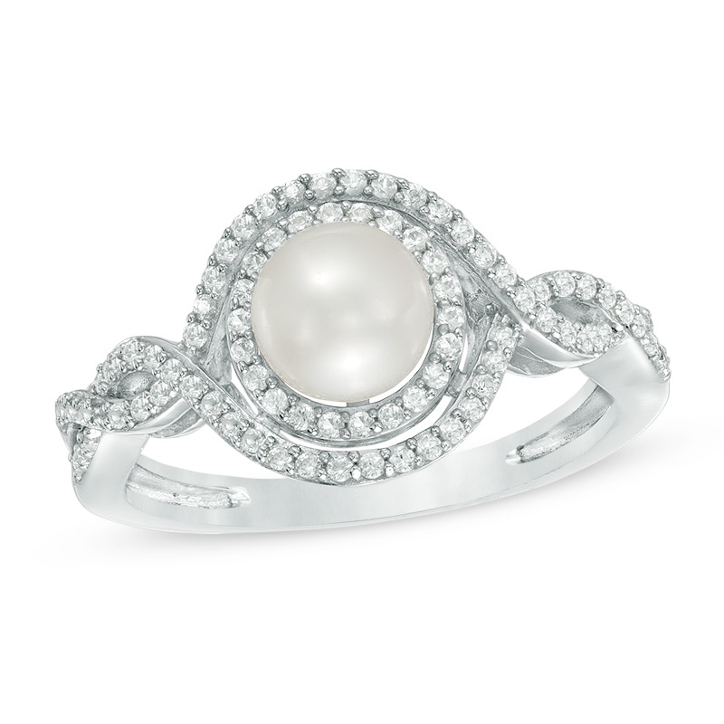 Main Image 1 of 6.0mm Freshwater Cultured Pearl and Lab-Created White Sapphire Double Frame Ring in Sterling Silver