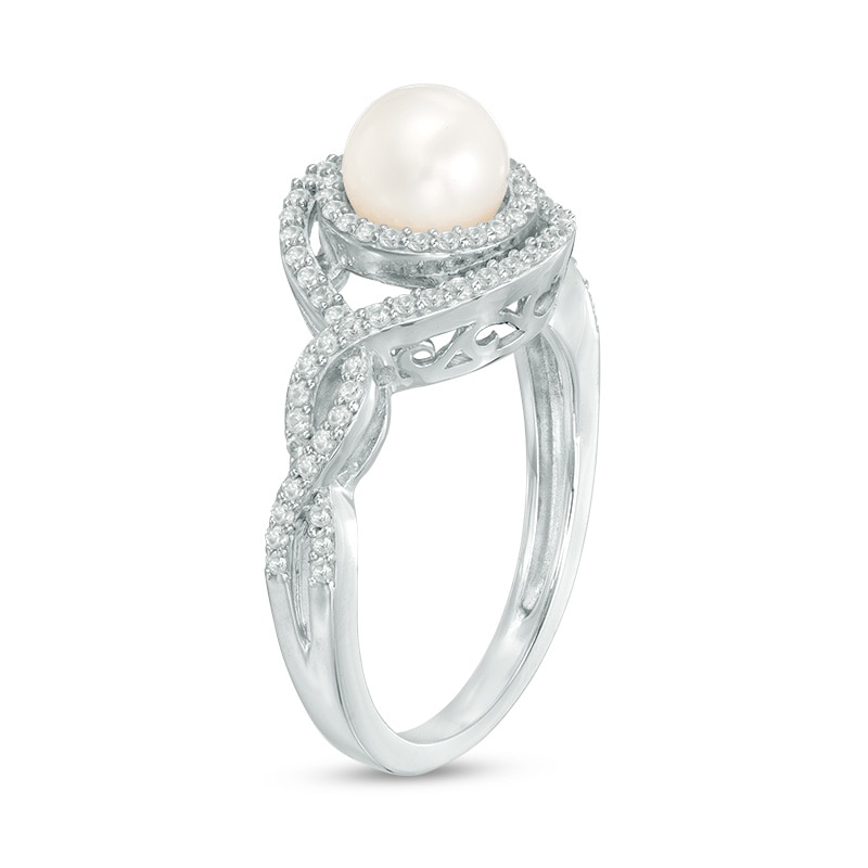 6.0mm Cultured Freshwater Pearl and Lab-Created White Sapphire Double Frame Ring in Sterling Silver