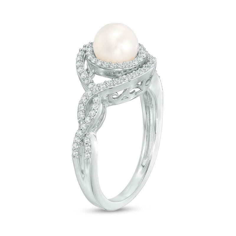 Main Image 2 of 6.0mm Freshwater Cultured Pearl and Lab-Created White Sapphire Double Frame Ring in Sterling Silver