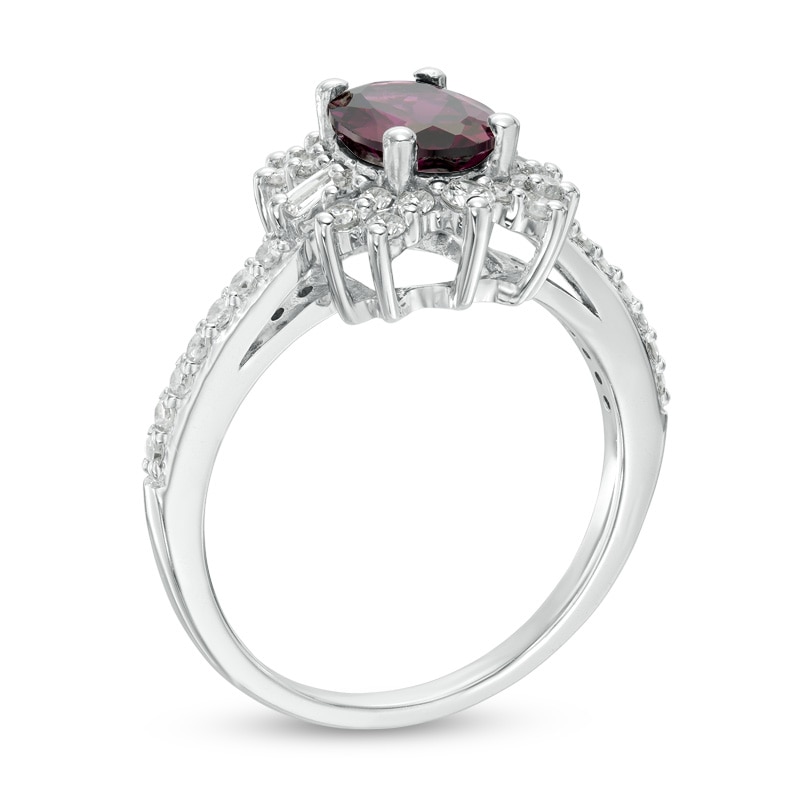 Main Image 2 of Oval Rhodolite Garnet and Lab-Created White Sapphire Starburst Frame Ring in 10K White Gold